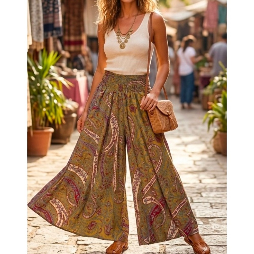 Go Gal Paisley Wide Leg Palazzo Pants Smocked Waist Jumpsuit OS. H869 Best S/M